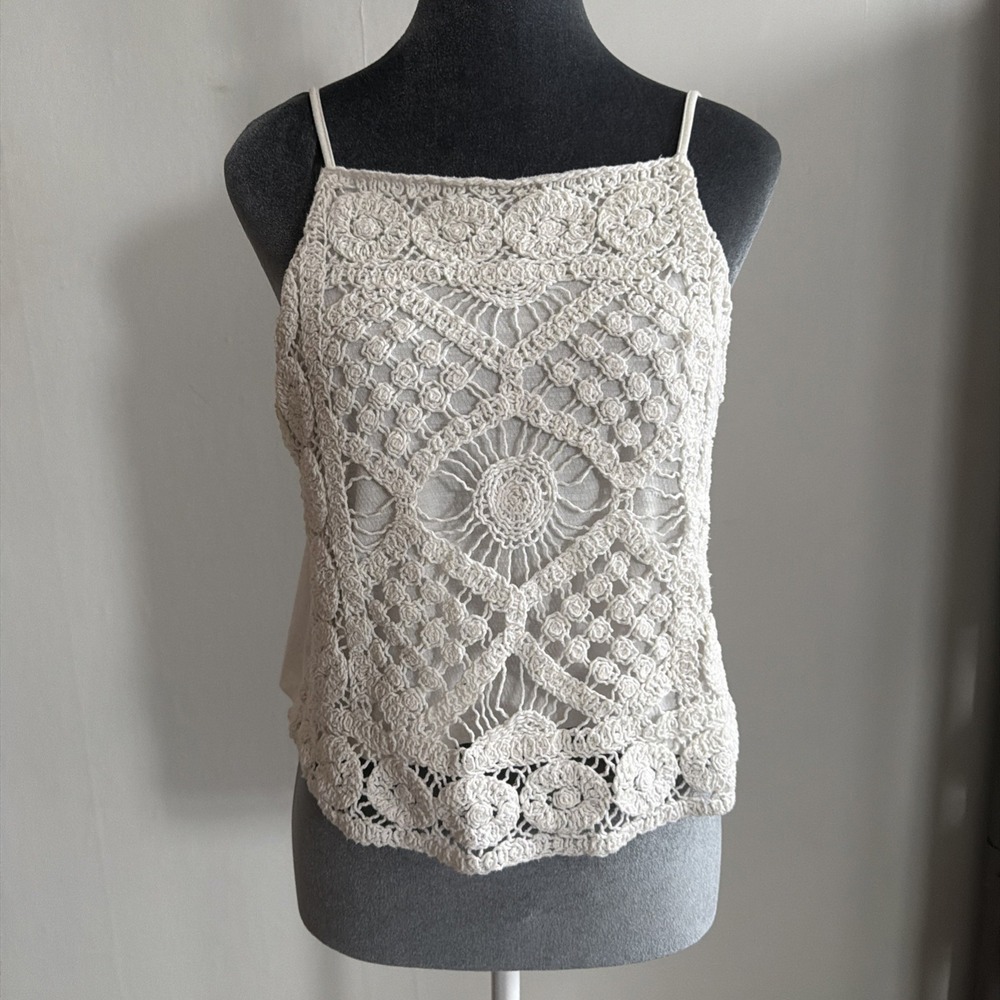 Boho,‎ Indie Lace Crochet White Halter Tank Top. Country Cottagecore Festival LG